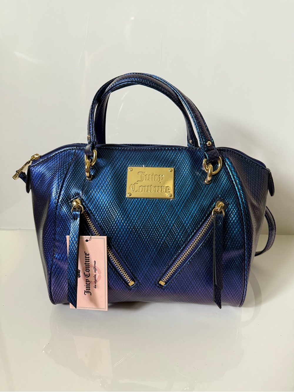 Juicy Couture Blue/Purple Metallic Juicy Hot Pink Interior Satchel Purse NWT - Picture 2 of 14